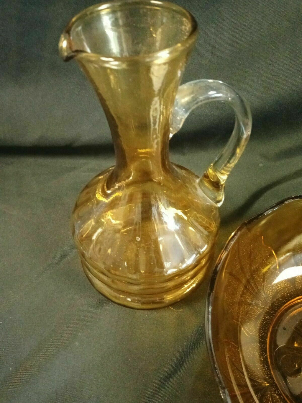 Vintage Large Amber glass bowl and Jug Stamped England - (7973)