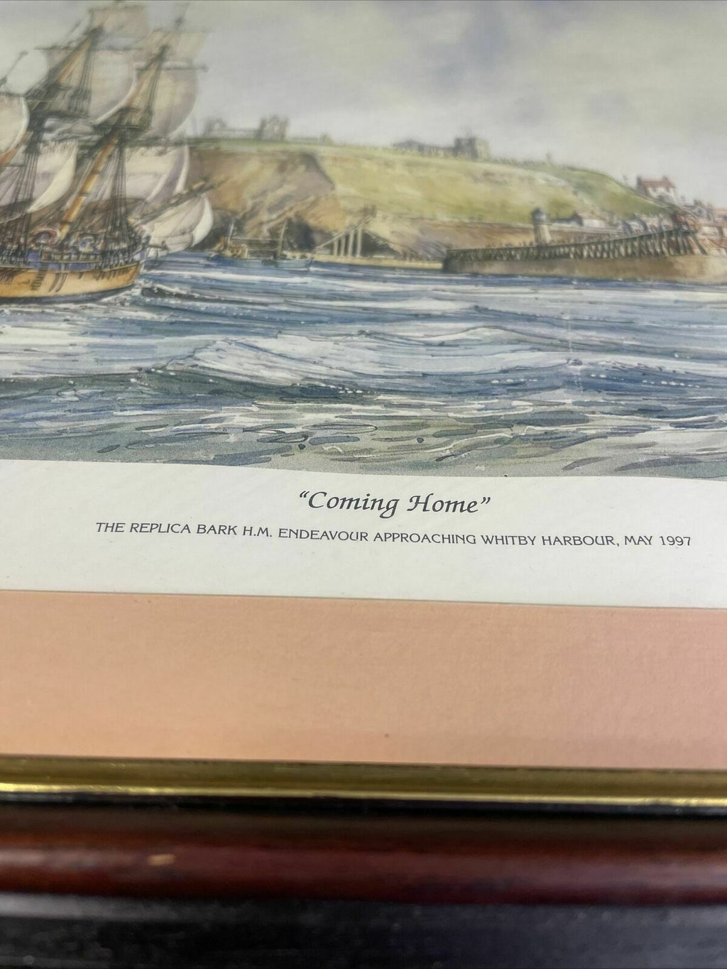 Vintage framed print of H.M Endeavour approaching Whitby 1997 May - (8144)