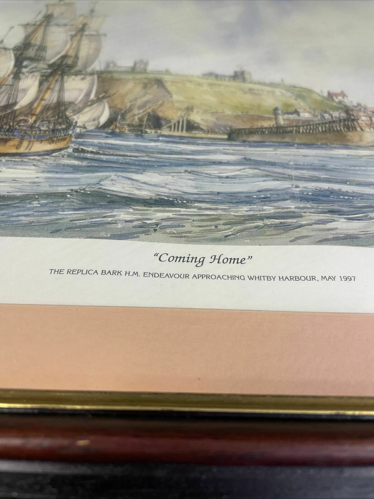 Vintage framed print of H.M Endeavour approaching Whitby 1997 May - (8144)