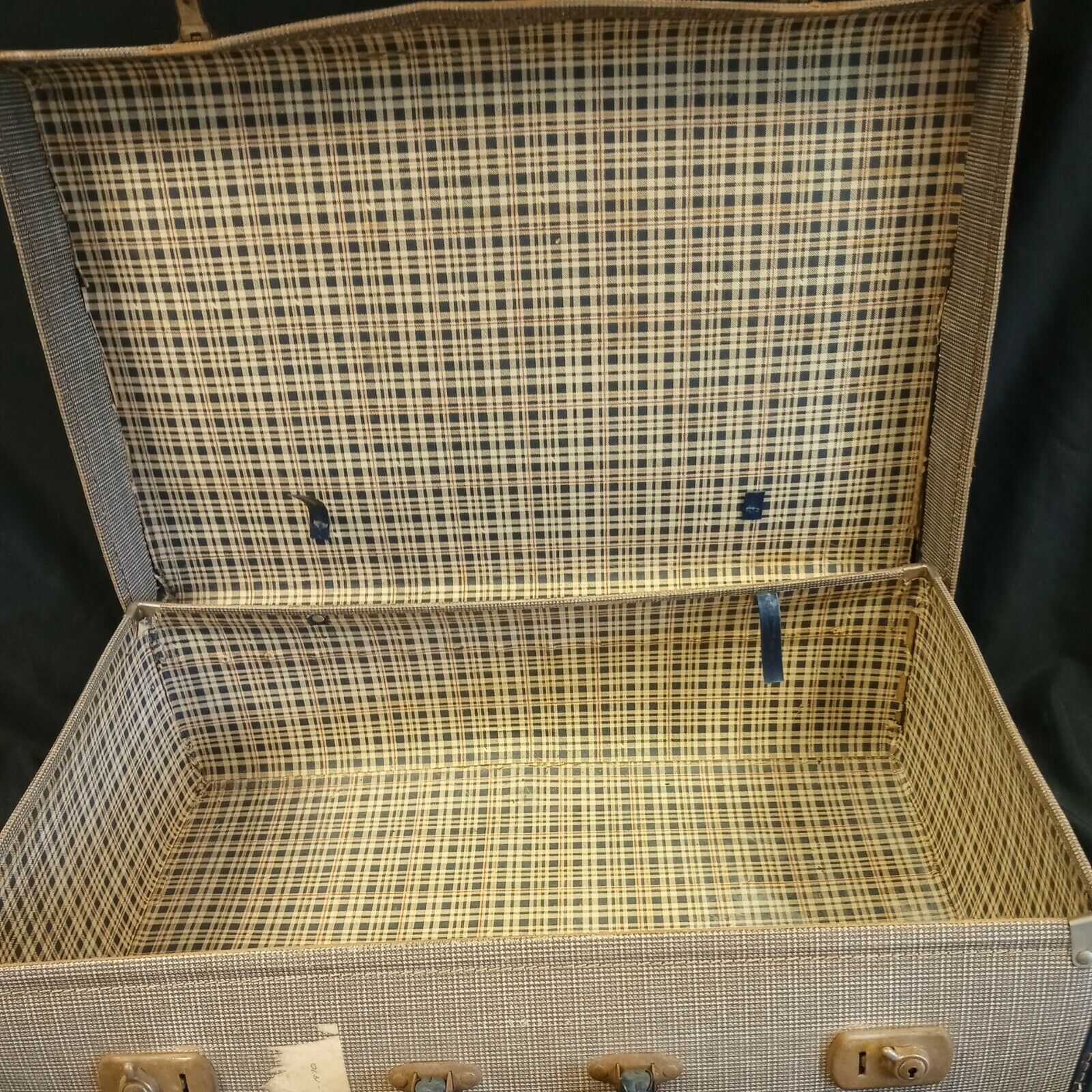 Vintage Suitcase blue check Large great storage or prop - (8091)