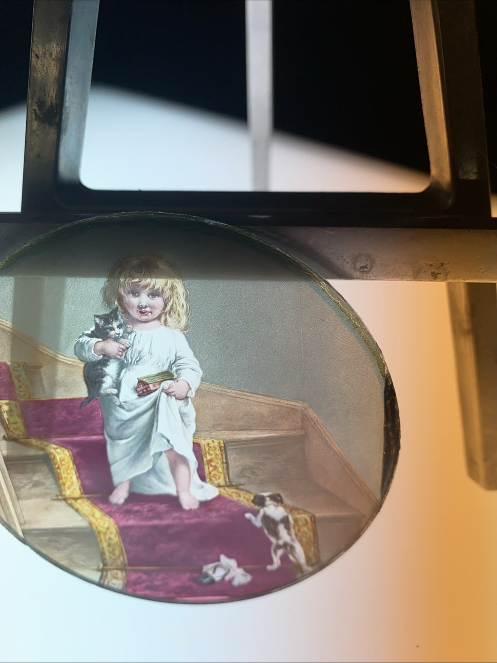 Magic Lantern Victorian Glass Round Handpainted Slide Child & Pets (1153)