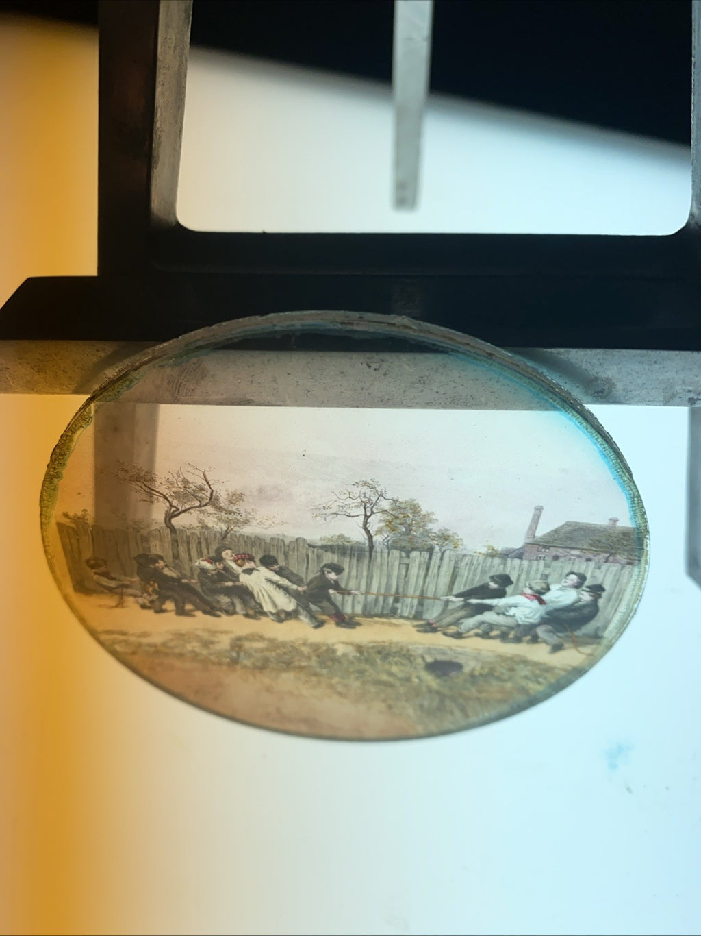 Magic Lantern Victorian Glass Round Handpainted Slide Tug of War (1169)