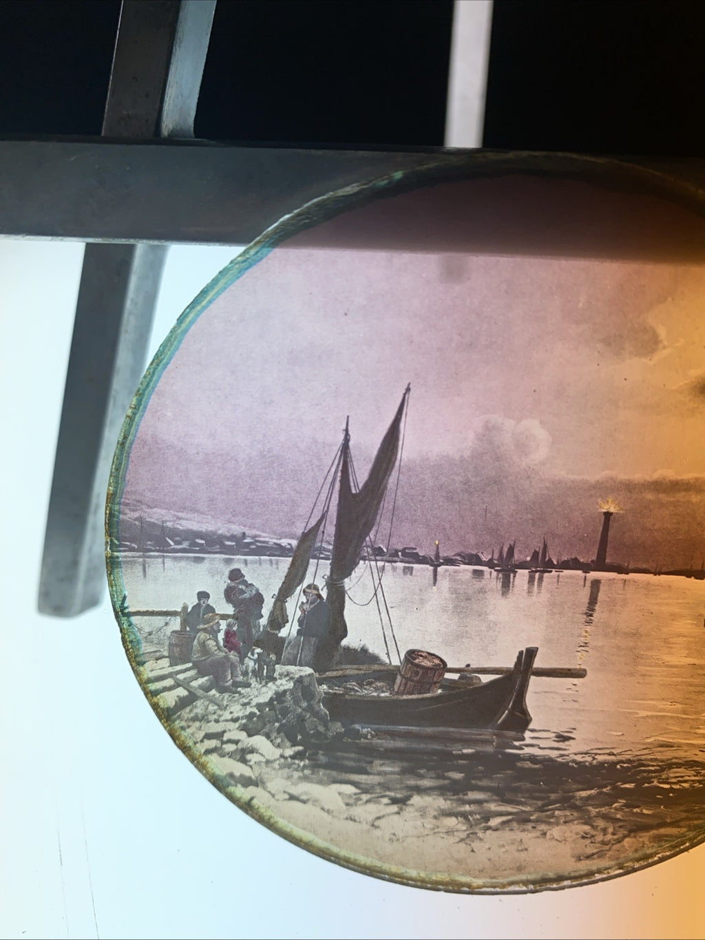 Magic Lantern Victorian Glass Round Handpainted Slide Fishing Boats - (1084)