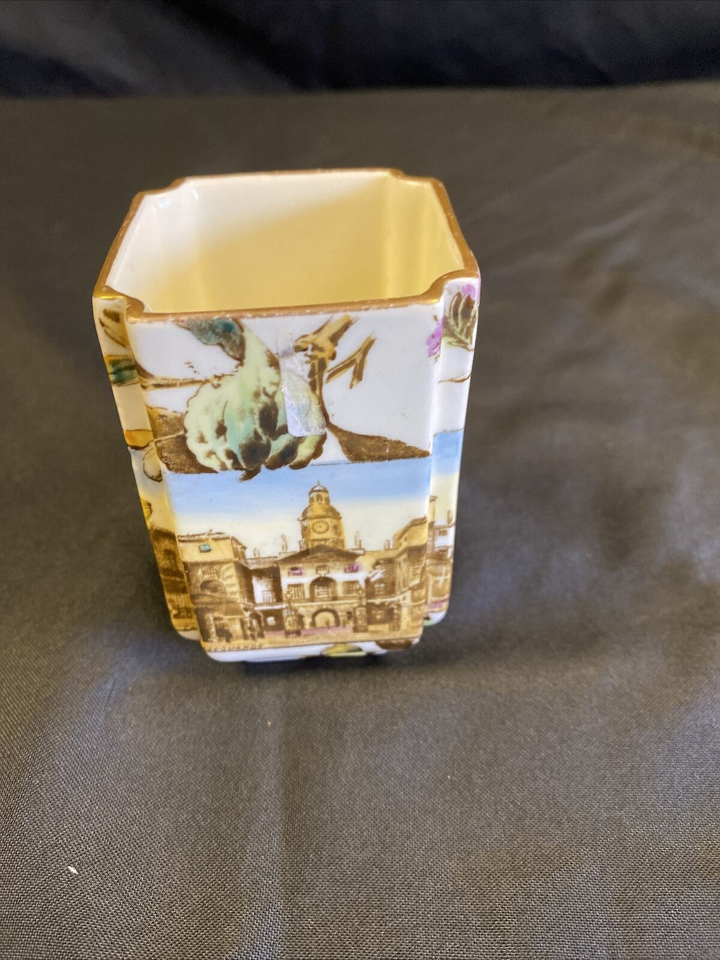 Antique Square Pot with The Horseguards & Albert memorial painted & Gilt (7717)