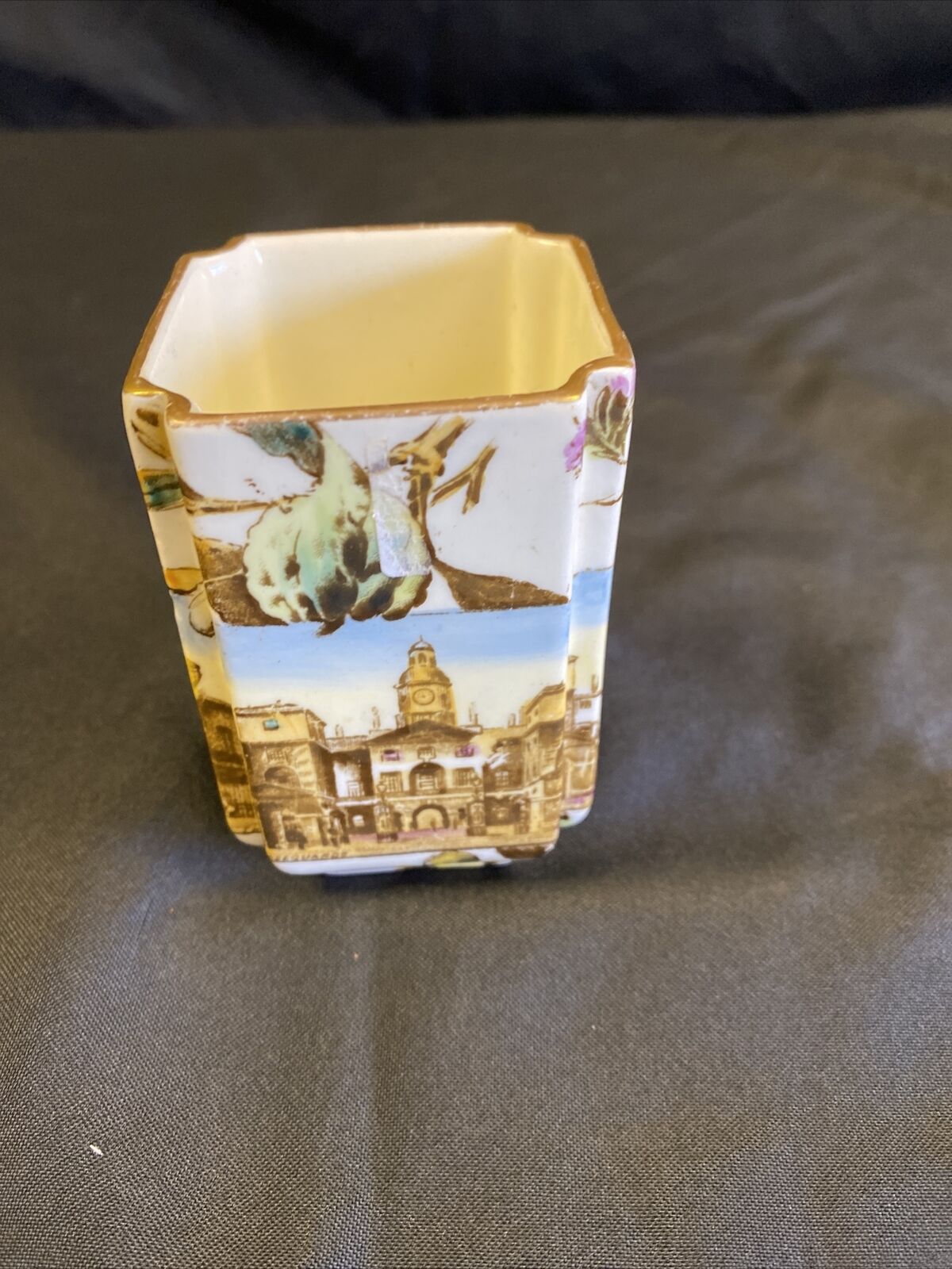 Antique Square Pot with The Horseguards & Albert memorial painted & Gilt (7717)