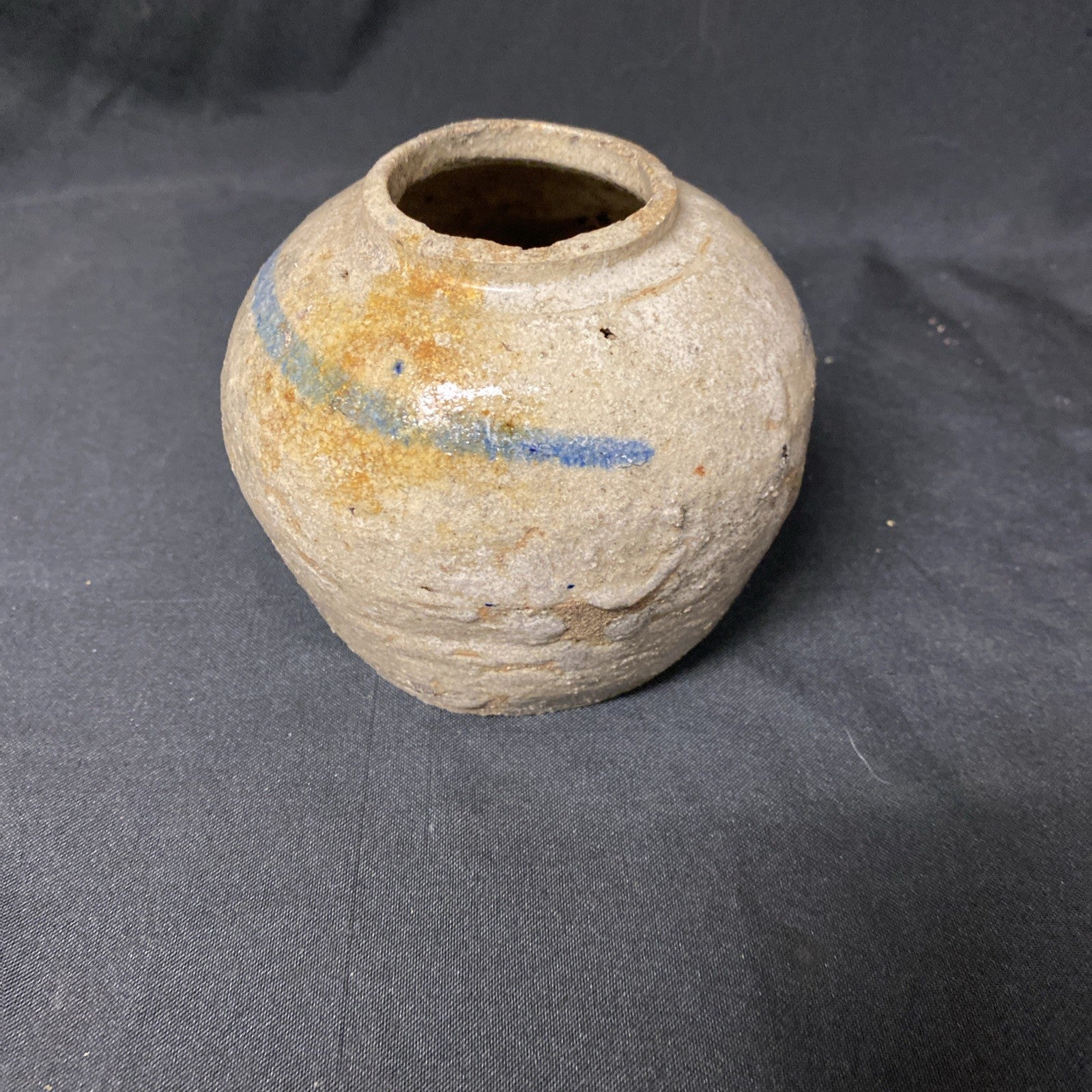 Antique Japanese Stoneware Ginger Jar 9cm x 10cm C-1800s -(1373)