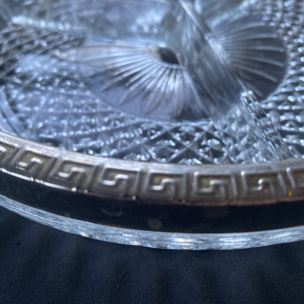 Vintage pressed glass segmented dish with white metal edge, heavy - (9612)