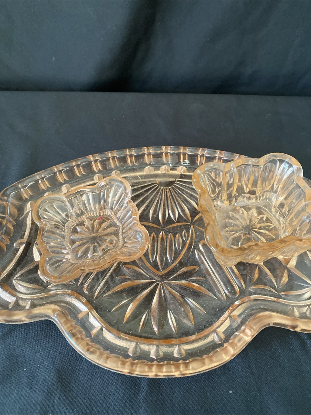 Vintage Pressed Glass Dressing Table Set Pink Tray, Pot, Trinket bowl - (5459)