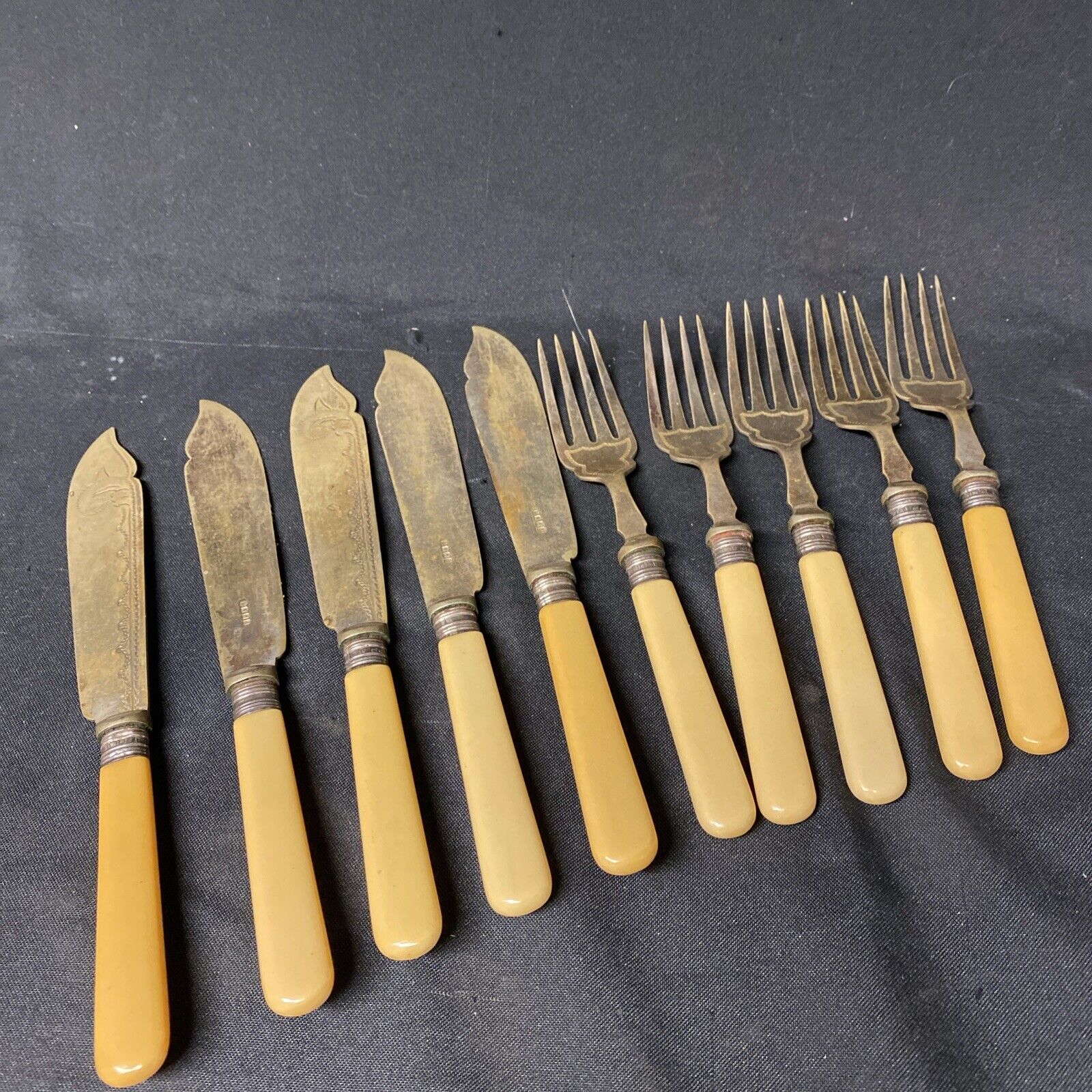 10 Piece Bone Handled Fish Knife and Fork EPNS Vintage Cutlery Set - (5350)