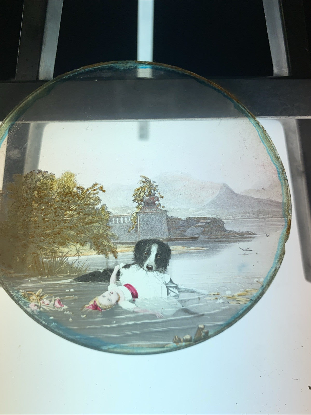 Magic Lantern Victorian Glass Round Handpainted Slide Dog saving girl (1171)