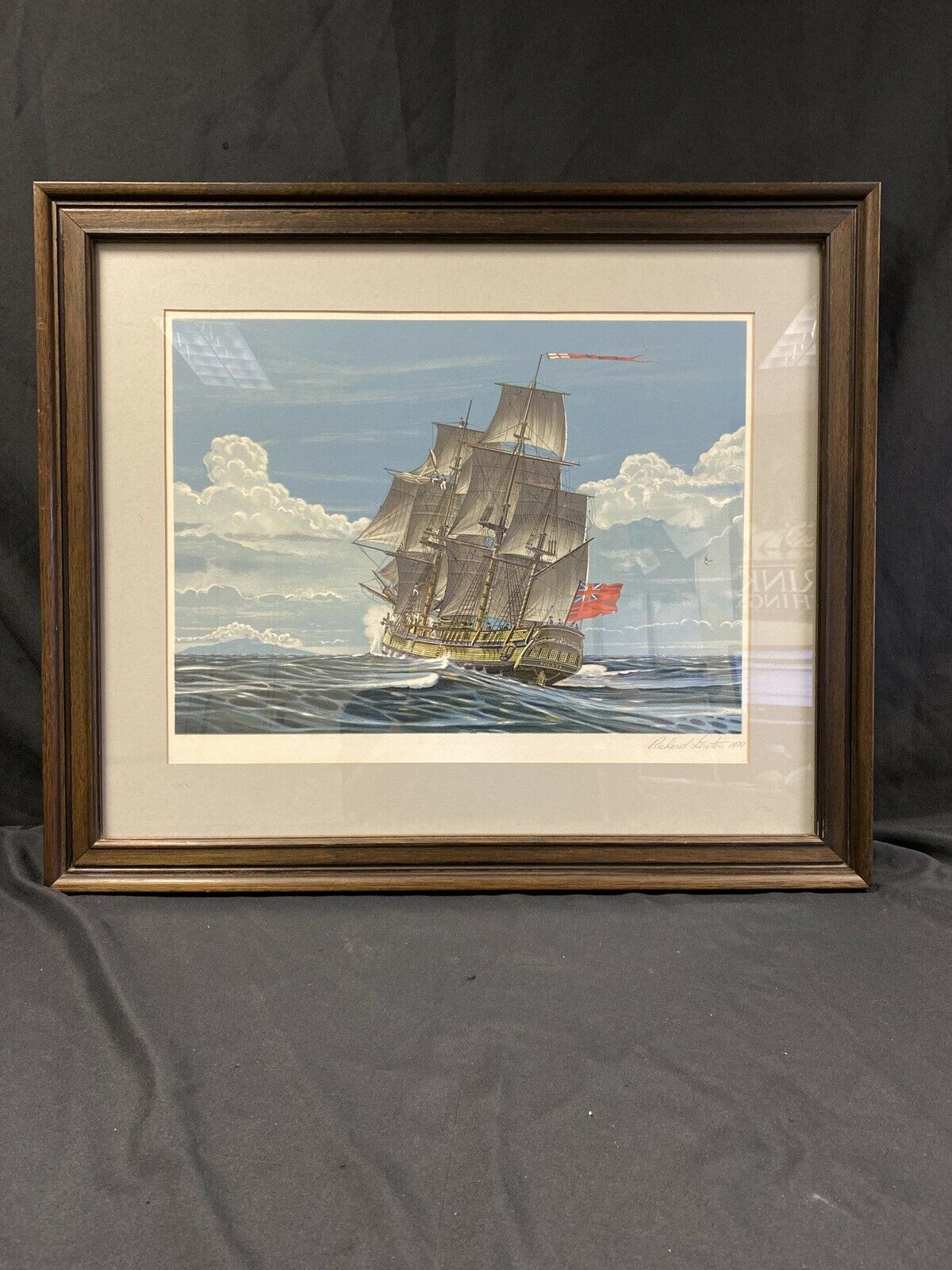 Richard Linton Australian Original Signed Framed Lithograph Ship Tahiti (7366)