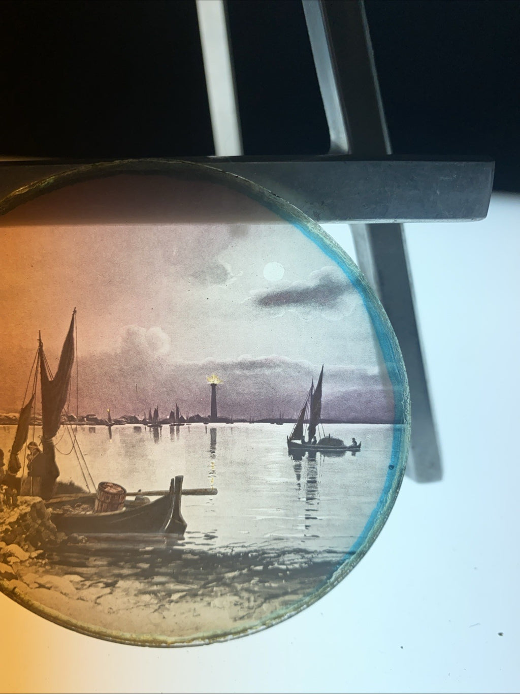 Magic Lantern Victorian Glass Round Handpainted Slide Fishing Boats - (1084)