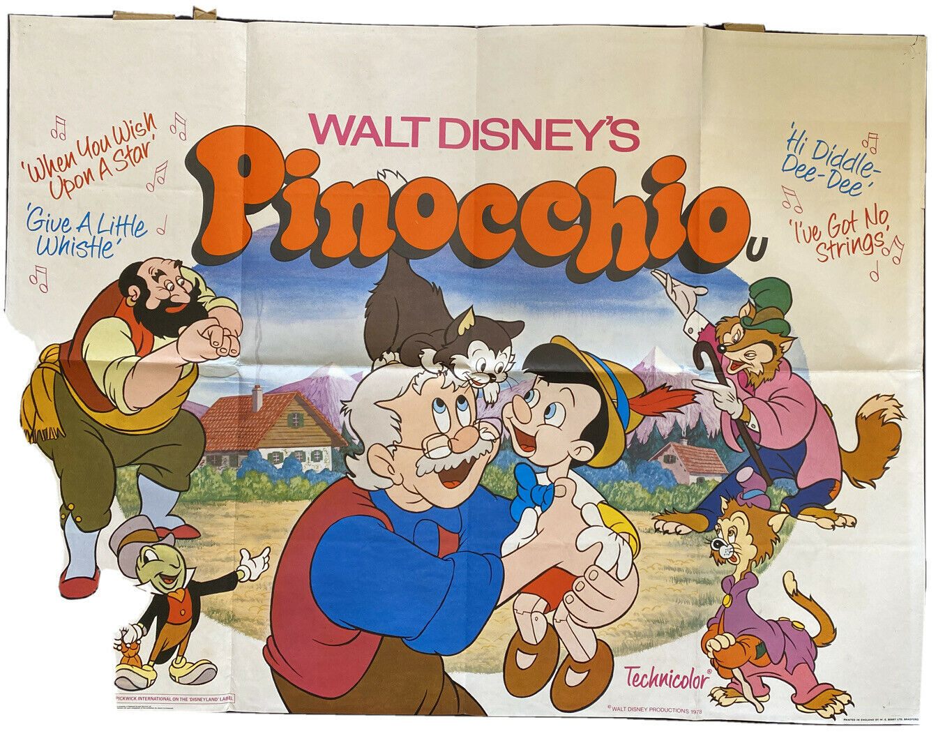 ORIGINAL UK QUAD POSTER - Disney's Pinocchio (1978 re-release) 30"x40" (6554)