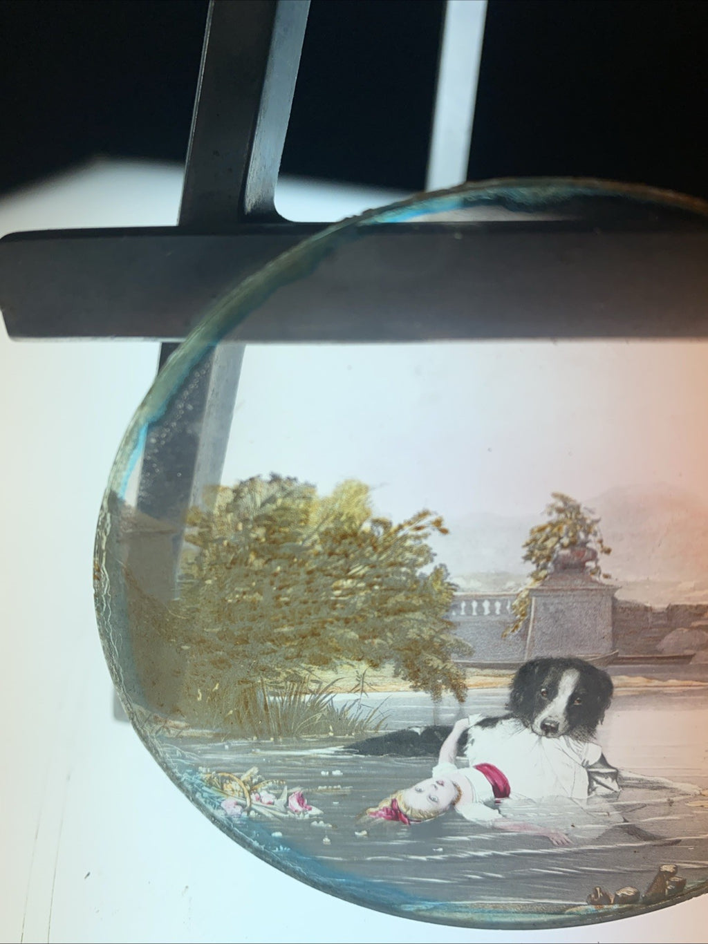 Magic Lantern Victorian Glass Round Handpainted Slide Dog saving girl (1171)