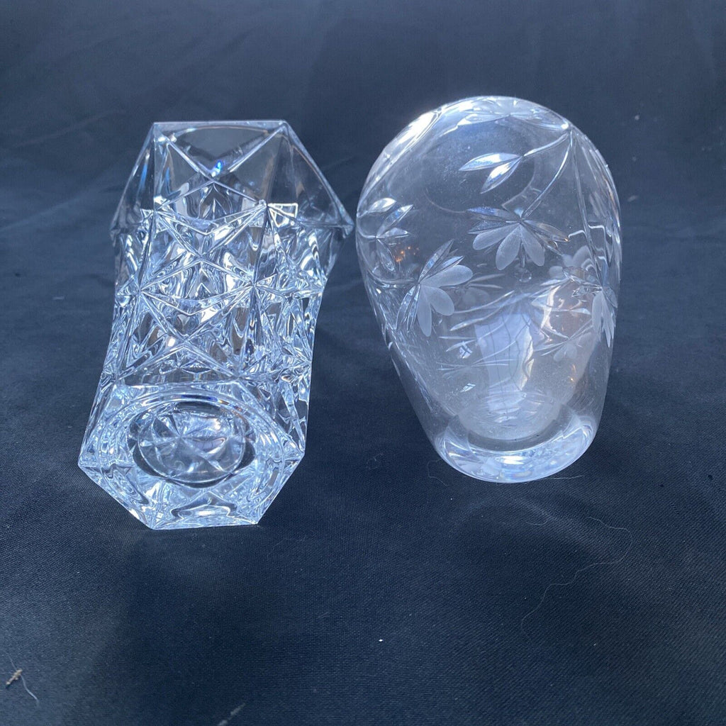 Vintage Crystal Cut and etched small Vases x 2  130mm tall - (9621)
