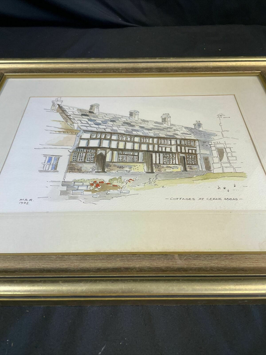 Vintage print by M.K.R 1992 watercolour of Cottages at Cerine Abbas - (8143)