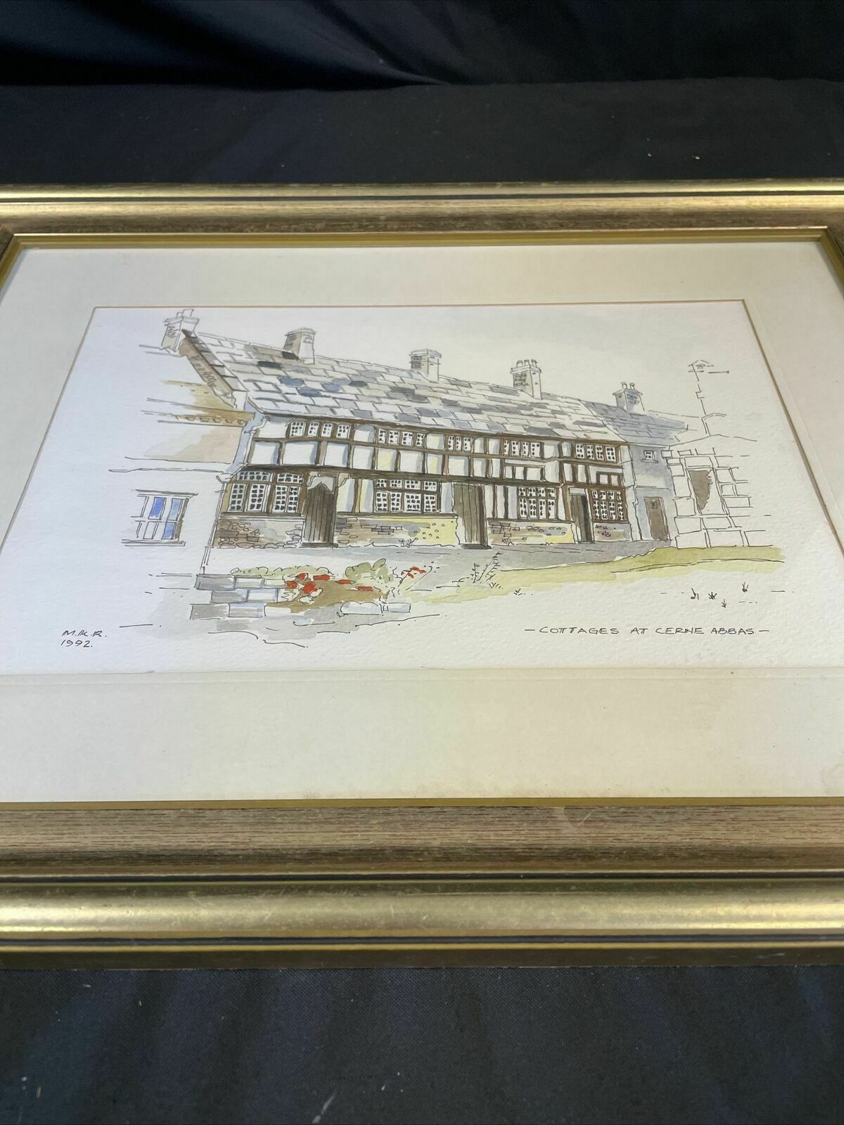 Vintage print by M.K.R 1992 watercolour of Cottages at Cerine Abbas - (8143)