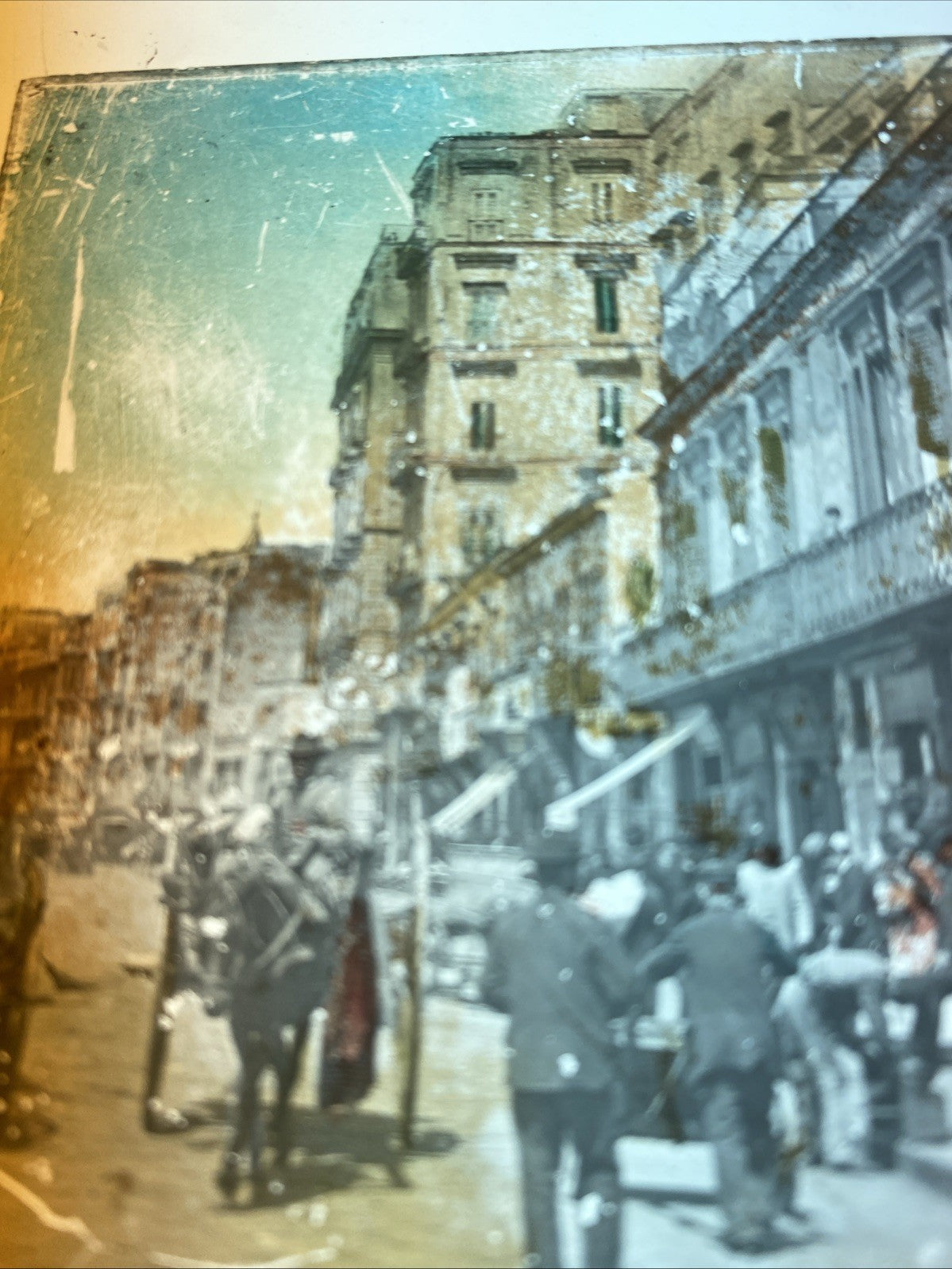 Magic Lantern Victorian Glass Square Photo City People Horses London? (1182)