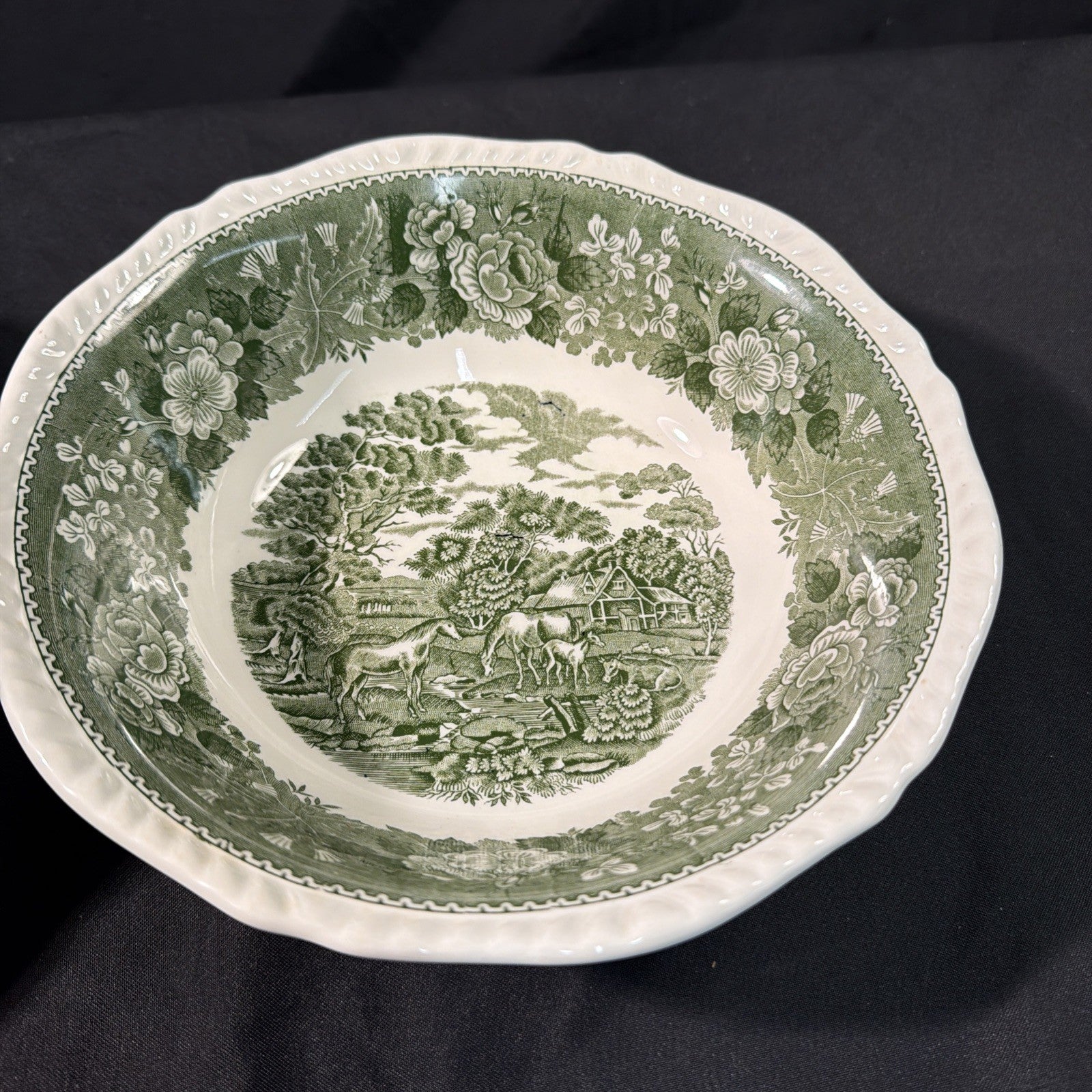 Adams Ironstone "English Scenic" Green Large Pair Serving Bowls - (2093)