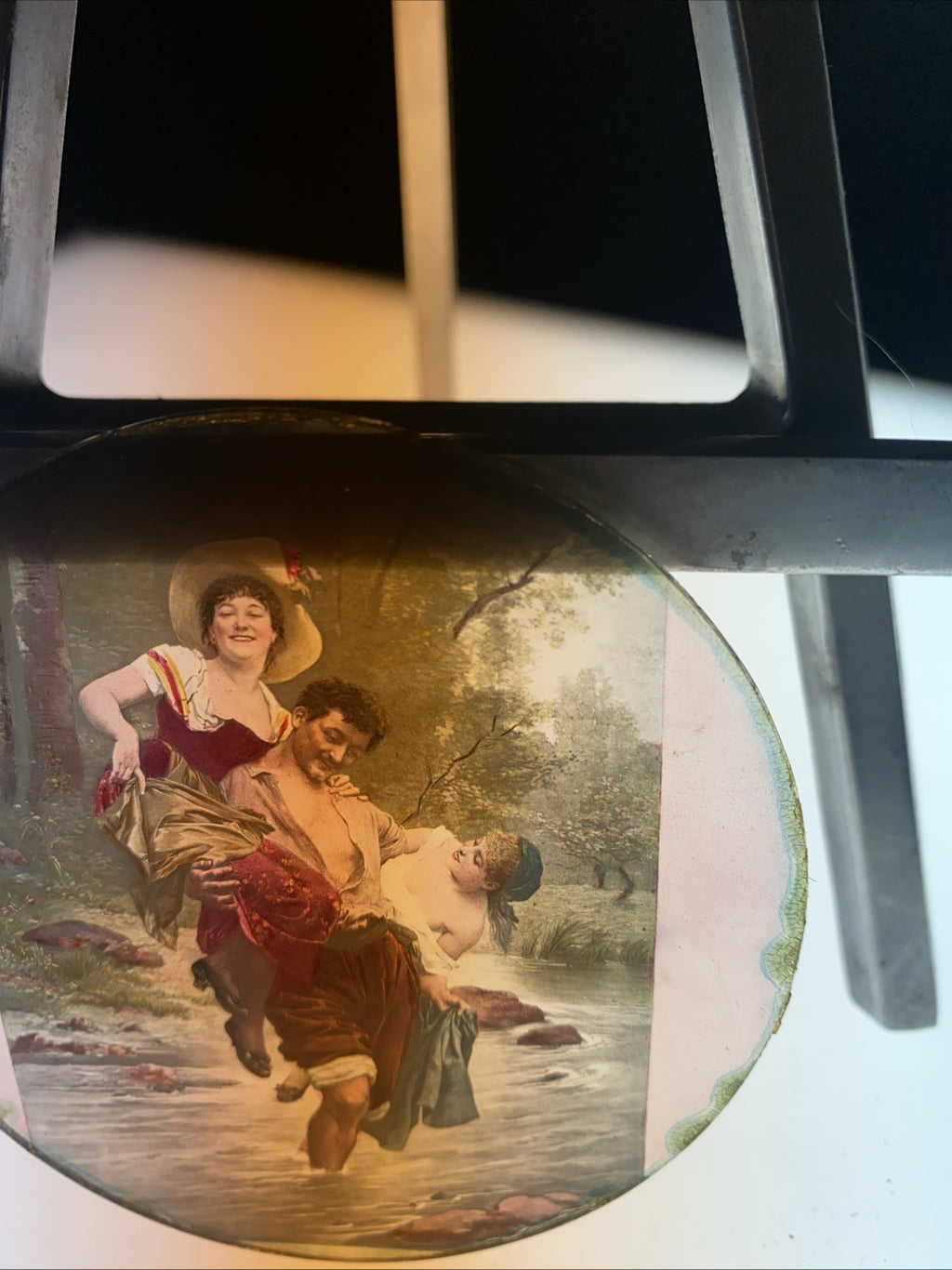 Magic Lantern Victorian Glass Round Handpainted Slide Carry over a river (1173)