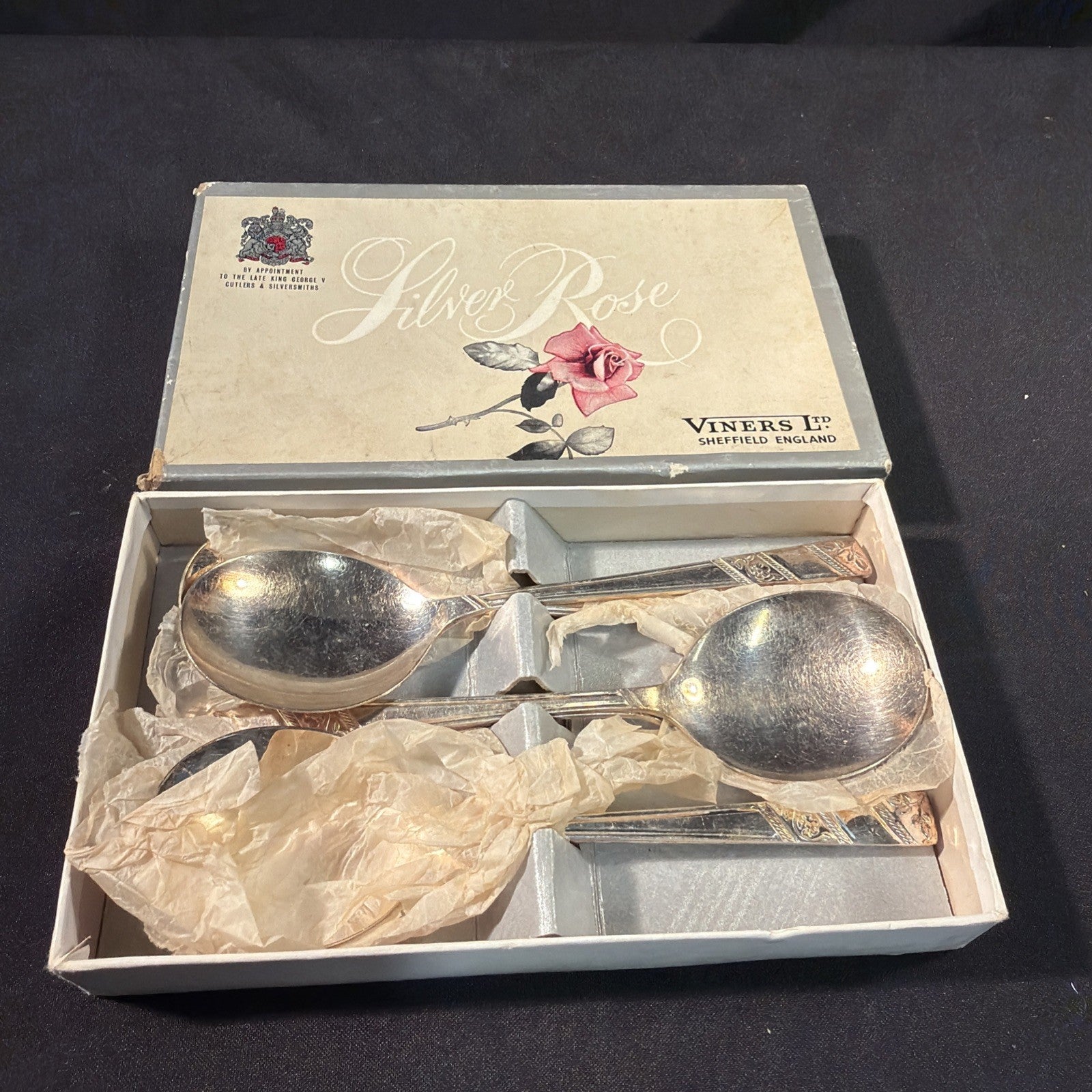 Viners Ltd Silver Rose 6 x Soup Spoons Boxed Vintage - (2096)