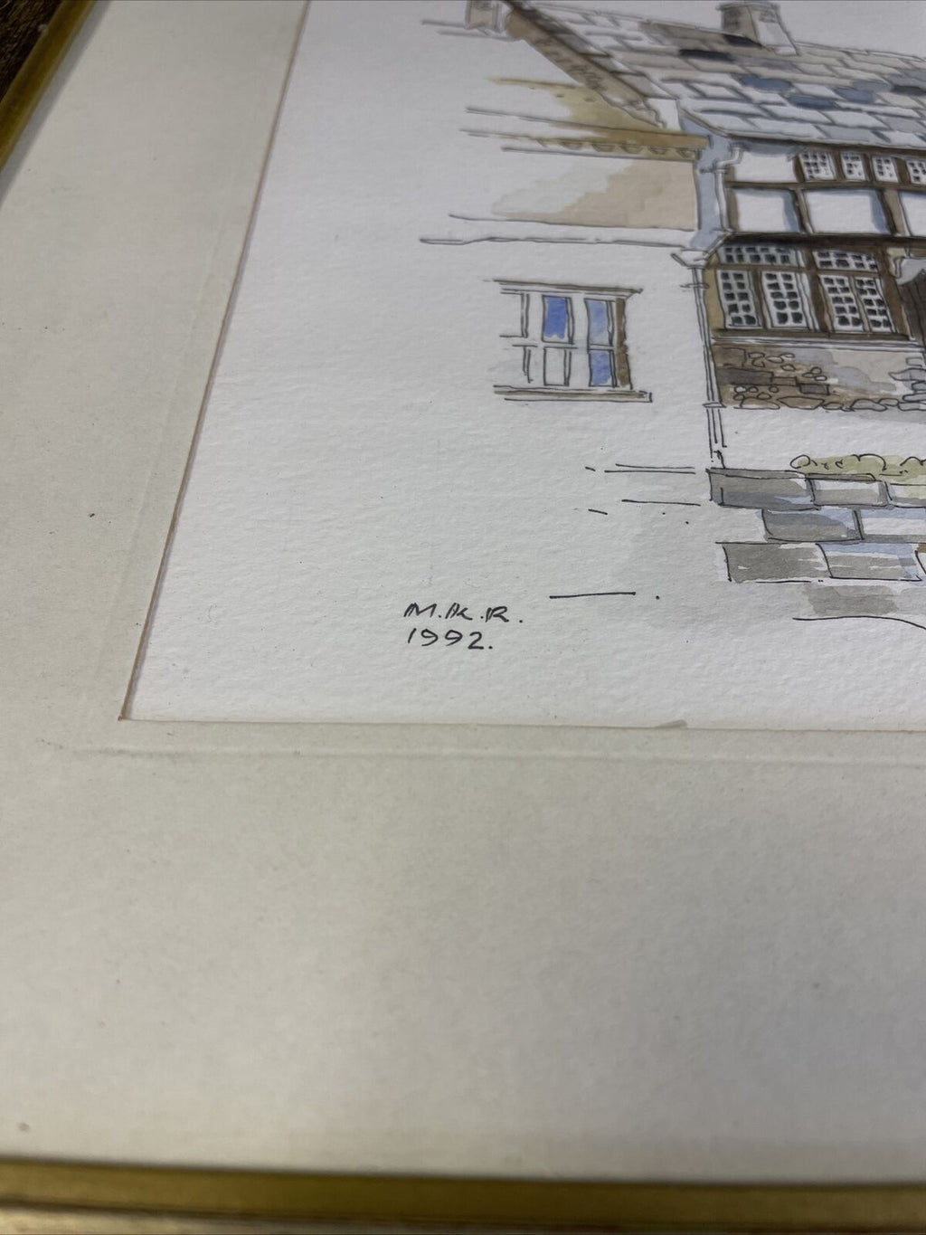 Vintage print by M.K.R 1992 watercolour of Cottages at Cerine Abbas - (8143)