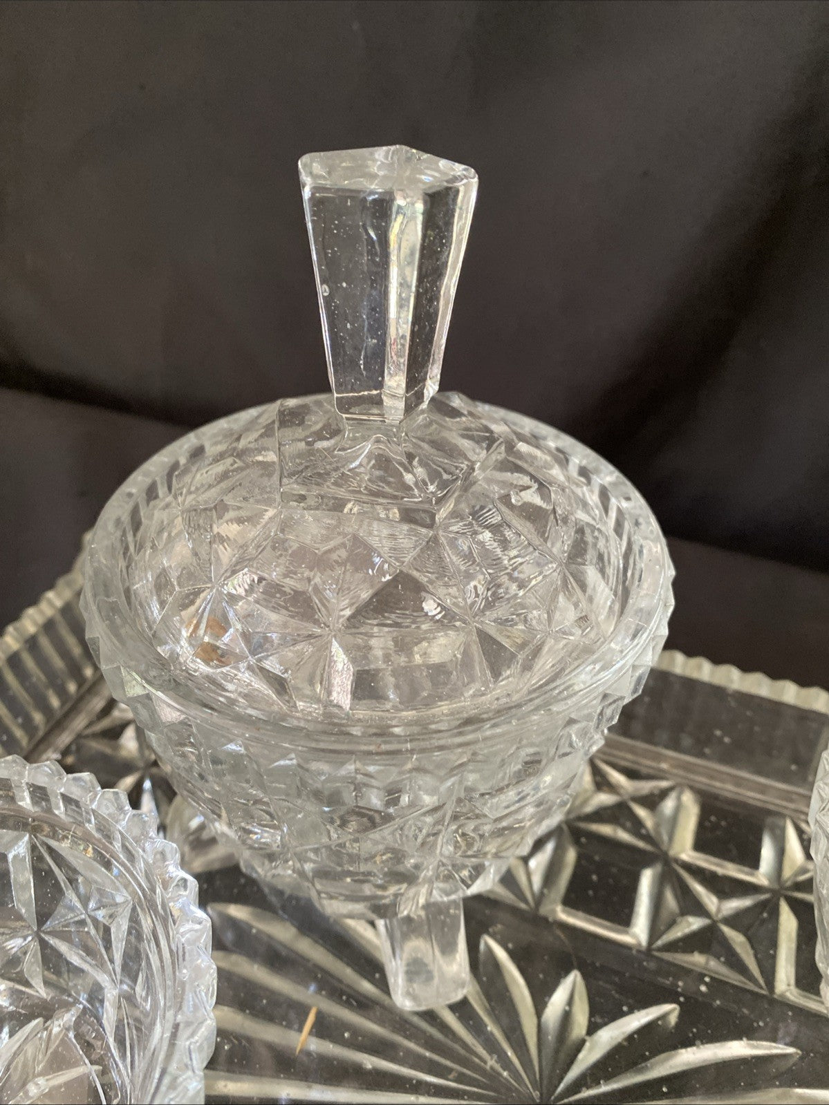 Vintage Pressed Glass Dressing Table Set Clear Tray, Ring Holder, 3 Pots (5457)