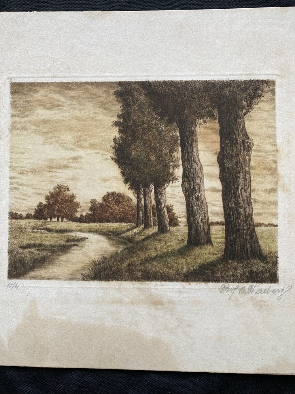 Prof. A Thalberg #4/10 Trees by a Stream Original Coloured etching - (5858)