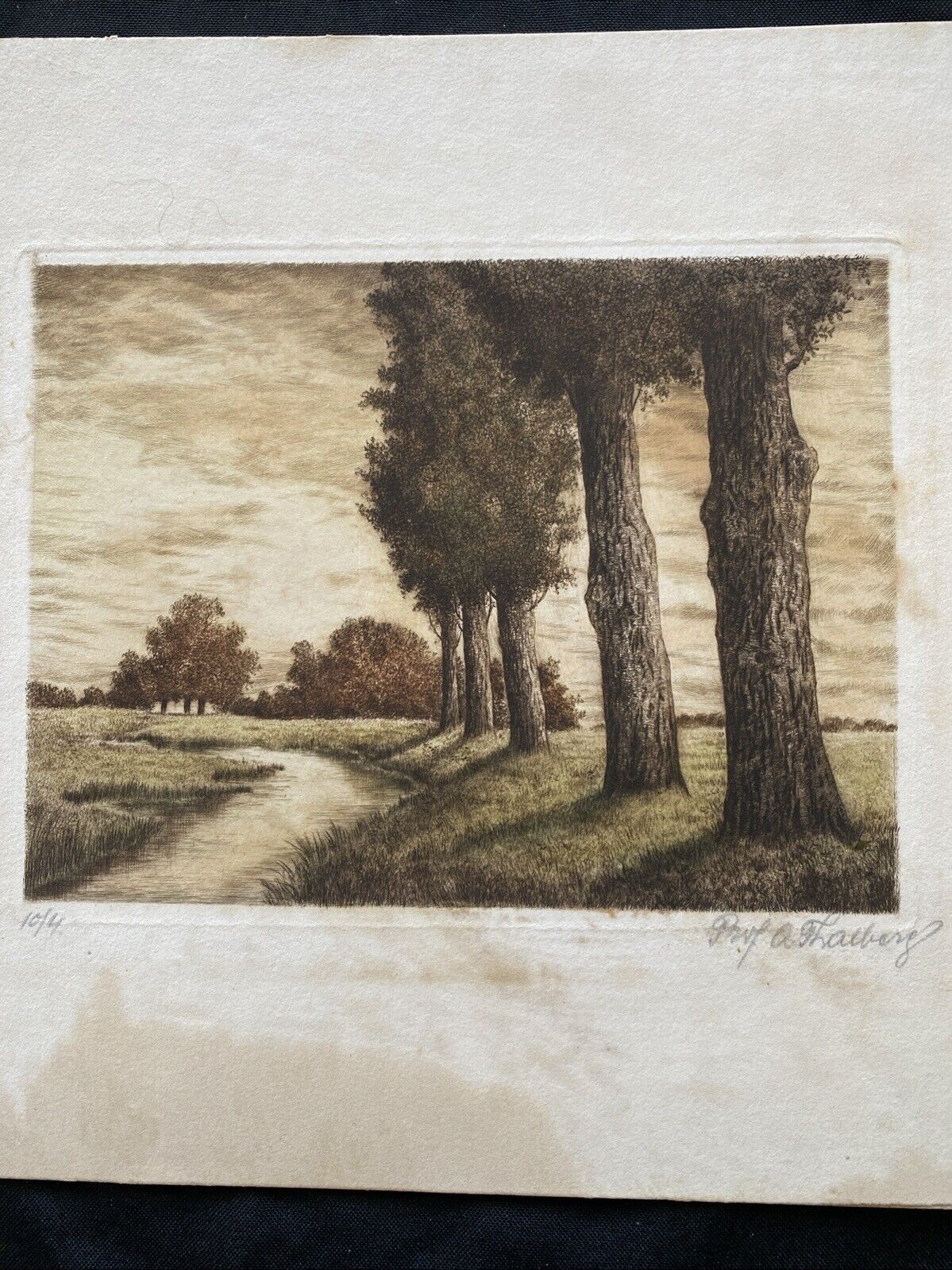 Prof. A Thalberg #4/10 Trees by a Stream Original Coloured etching - (5858)