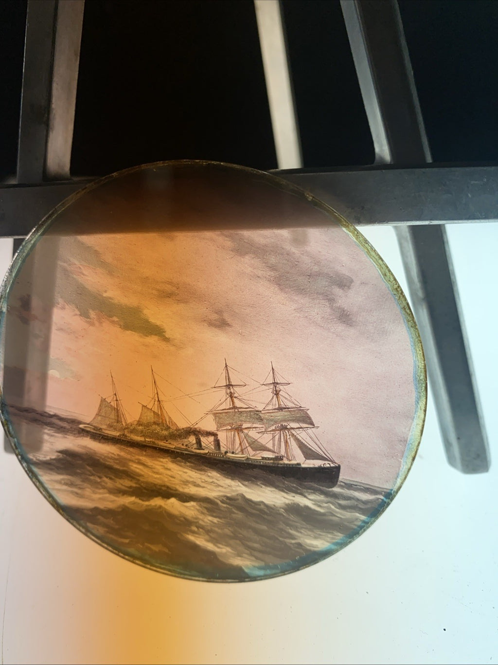 Magic Lantern Victorian Glass Round Handpainted Slide Ship at sea - (1083)