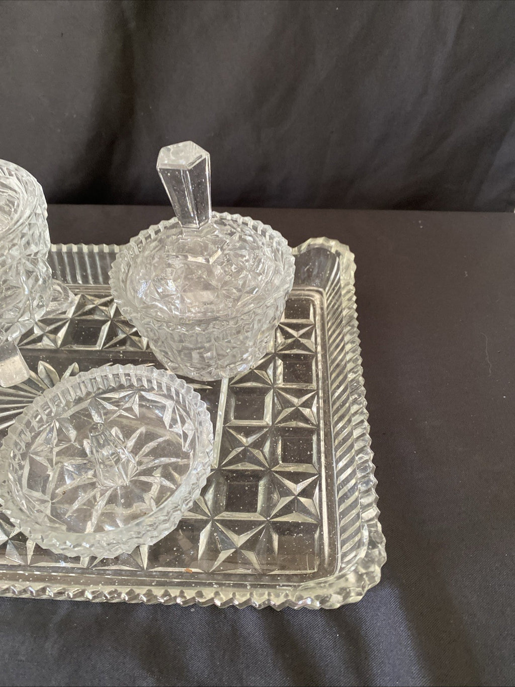 Vintage Pressed Glass Dressing Table Set Clear Tray, Ring Holder, 3 Pots (5457)