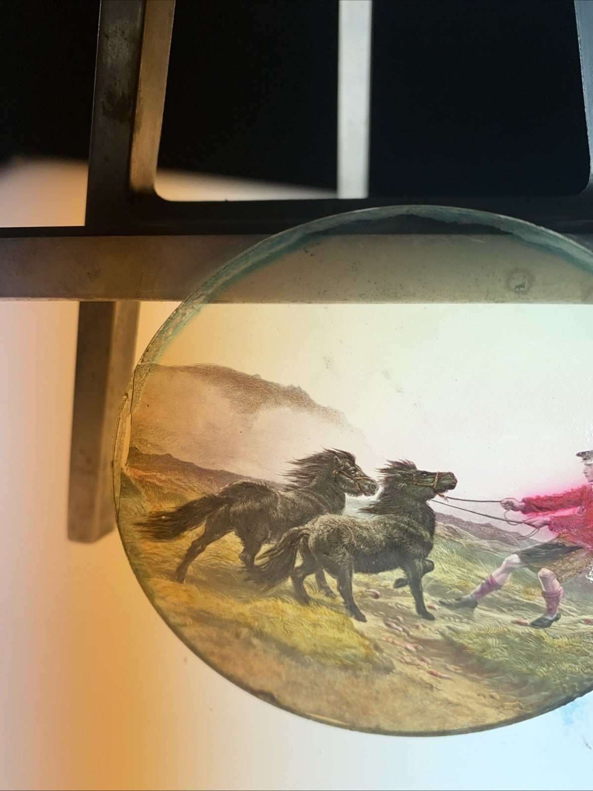 Magic Lantern Victorian Glass Round Handpainted Slide Taming Ponies (1168)