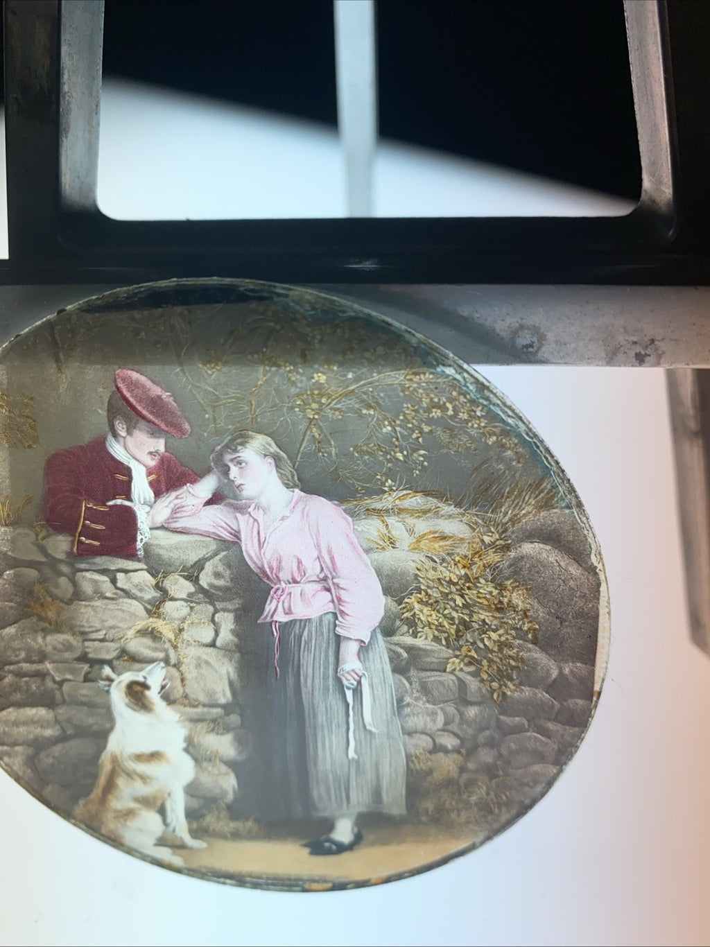 Magic Lantern Victorian Glass Round Handpainted Slide Walking the dog (1156)