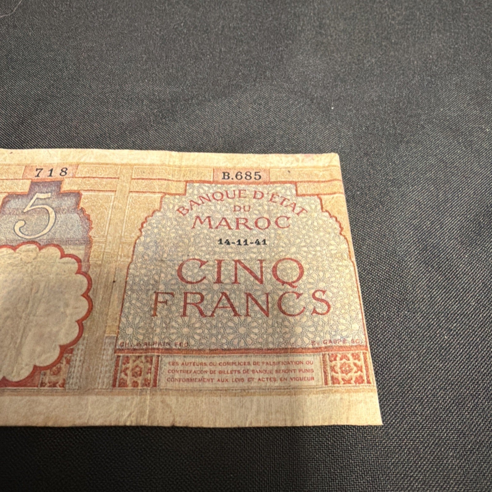 Bank Note Antique Banque D'Etat Du Maroc Morocco 5 Francs  1941 Circulated - (2307)
