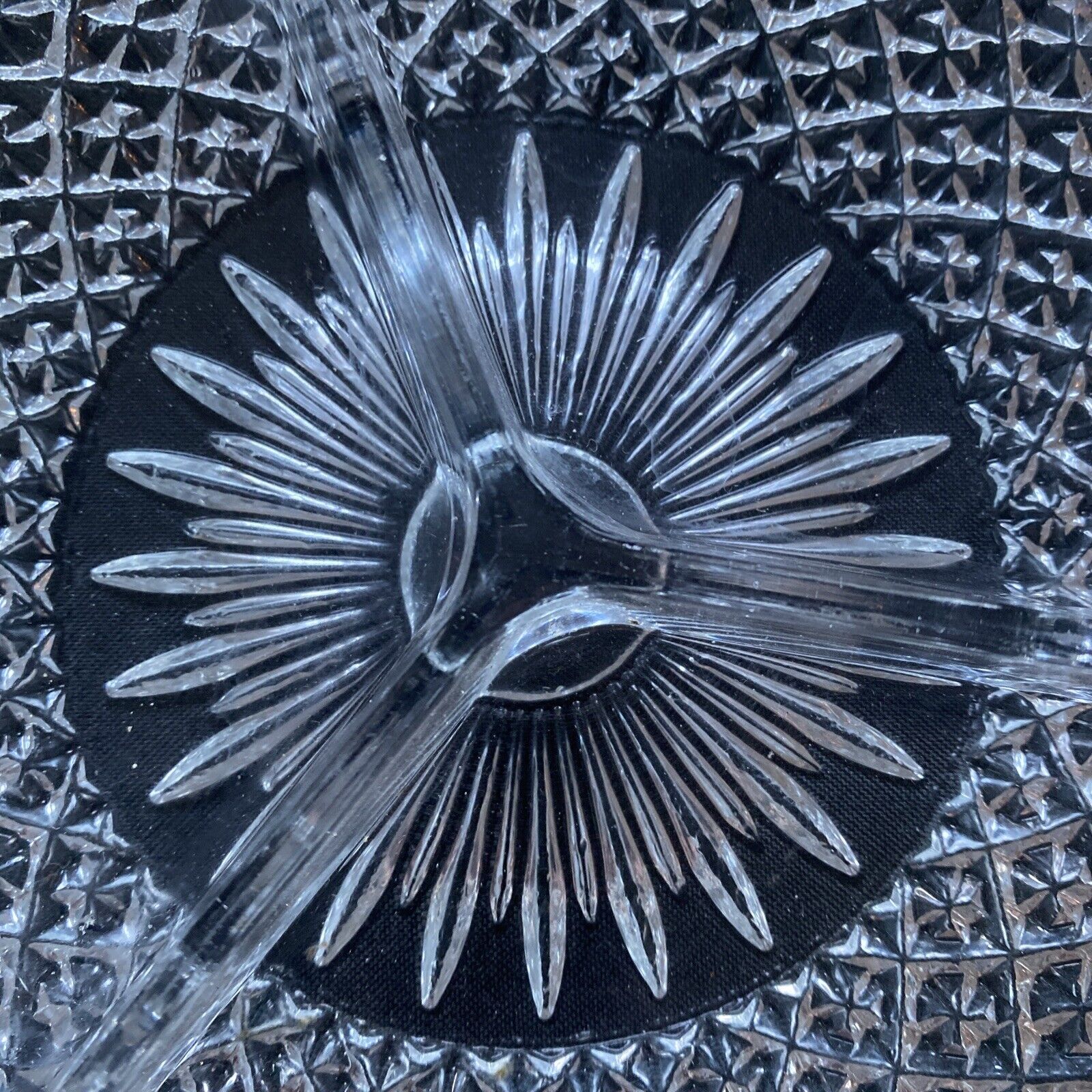 Vintage pressed glass segmented dish with white metal edge, heavy - (9612)