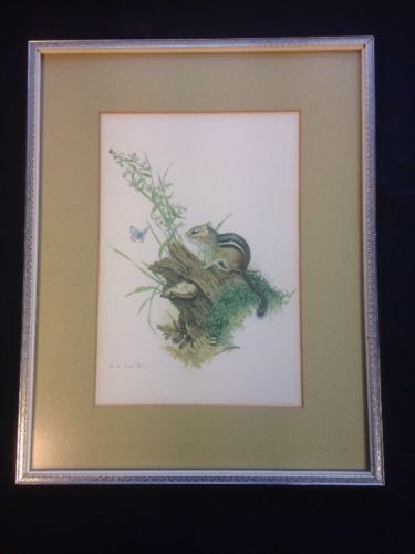 Glen Loates Canadian artist 1977 framed matted lithograph Chipmunk Y11008 (1633