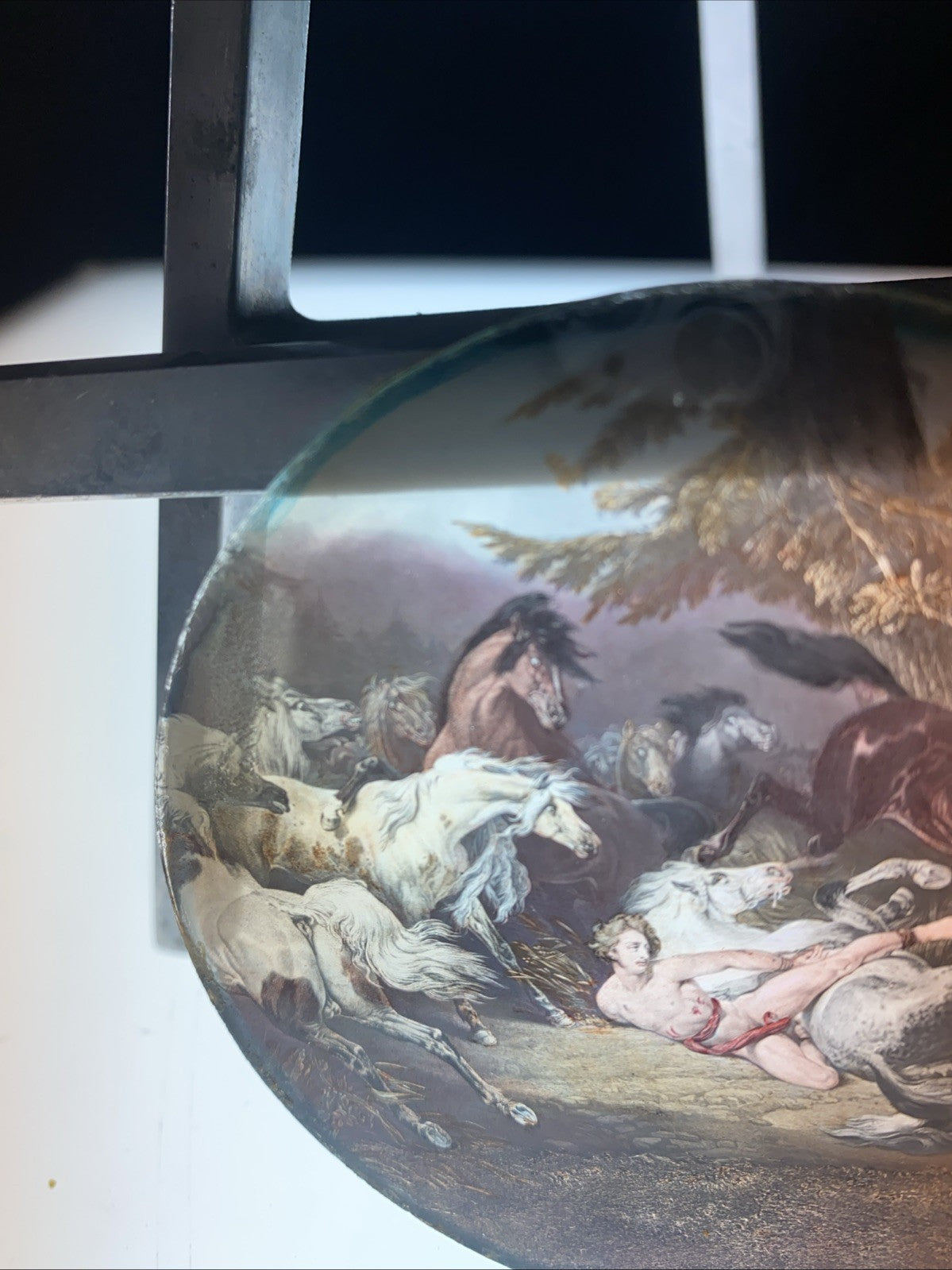 Magic Lantern Victorian Glass Round Handpainted Slide Horses & Achills ? (1115)