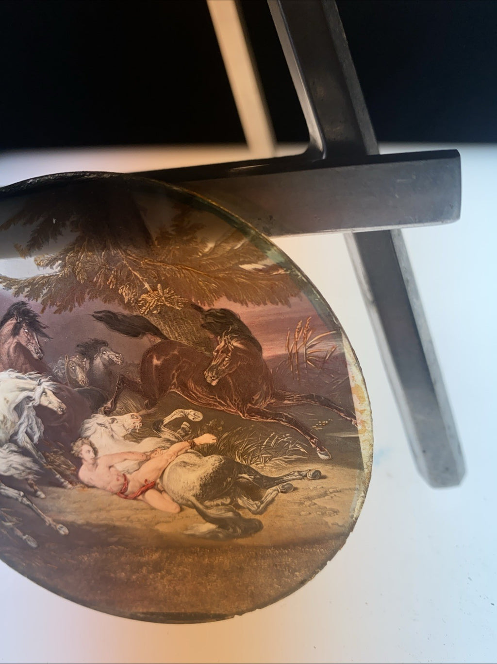 Magic Lantern Victorian Glass Round Handpainted Slide Horses & Achills ? (1115)