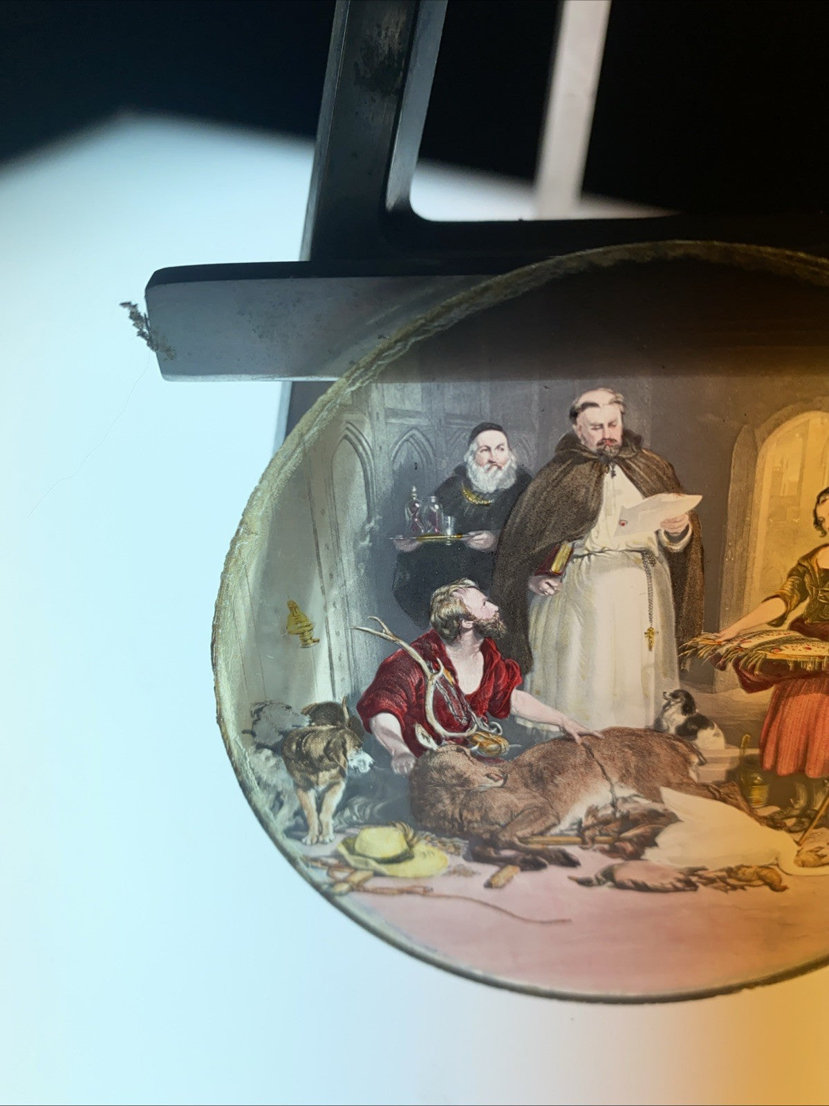 Magic Lantern Victorian Glass Round Handpainted Slide After the hunt (1121)