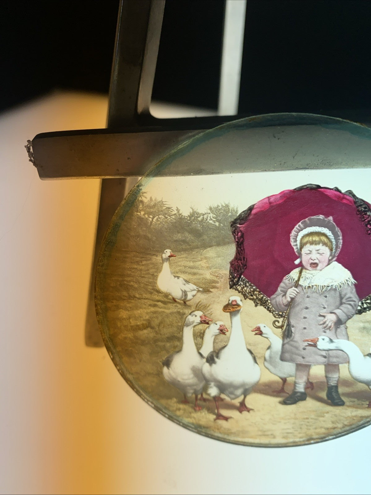 Magic Lantern Victorian Glass Round Handpainted Slide Child & Geese (1155)