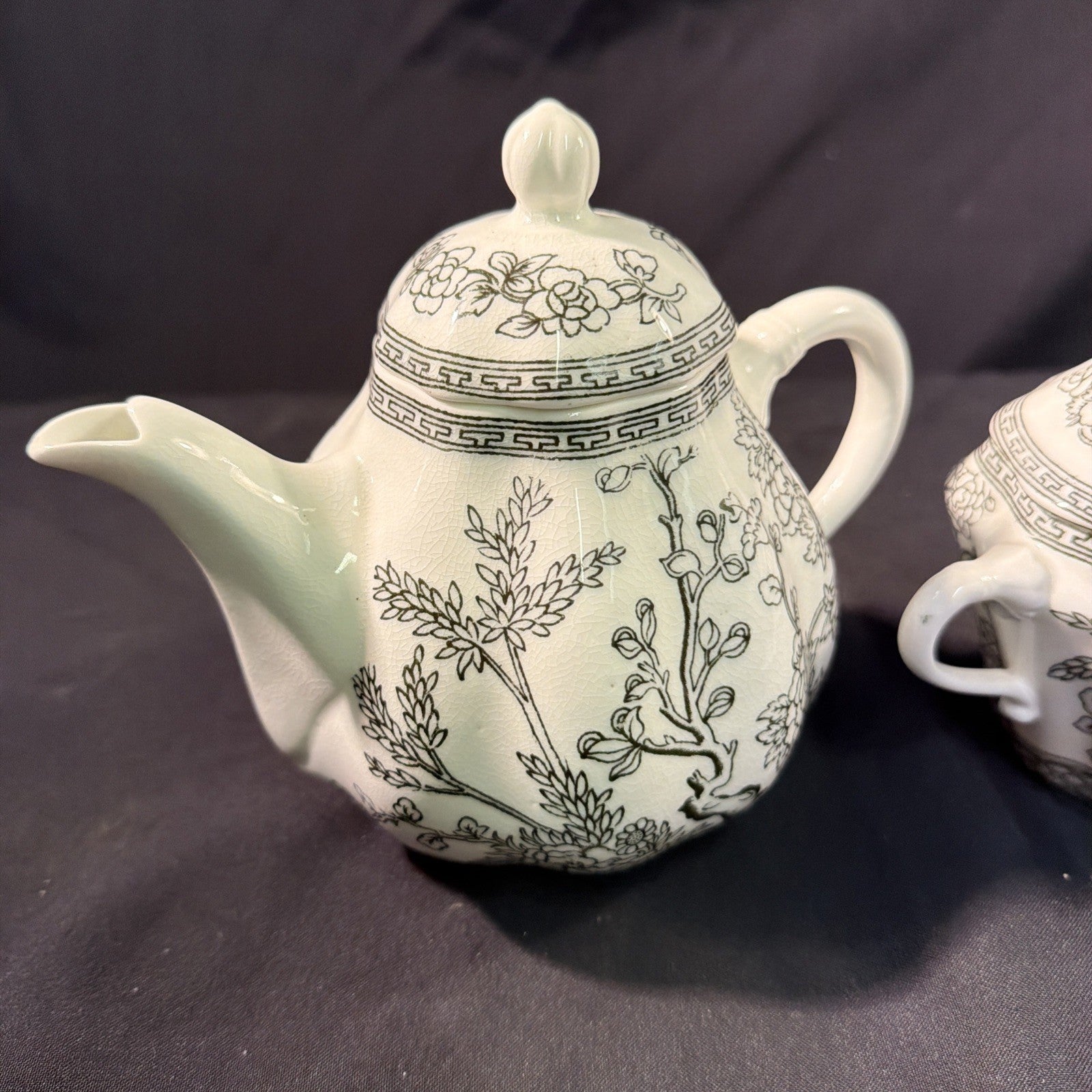 Coalport 1930's Black & White Indian Tree Teapot and Sugar Bowl - (2049)