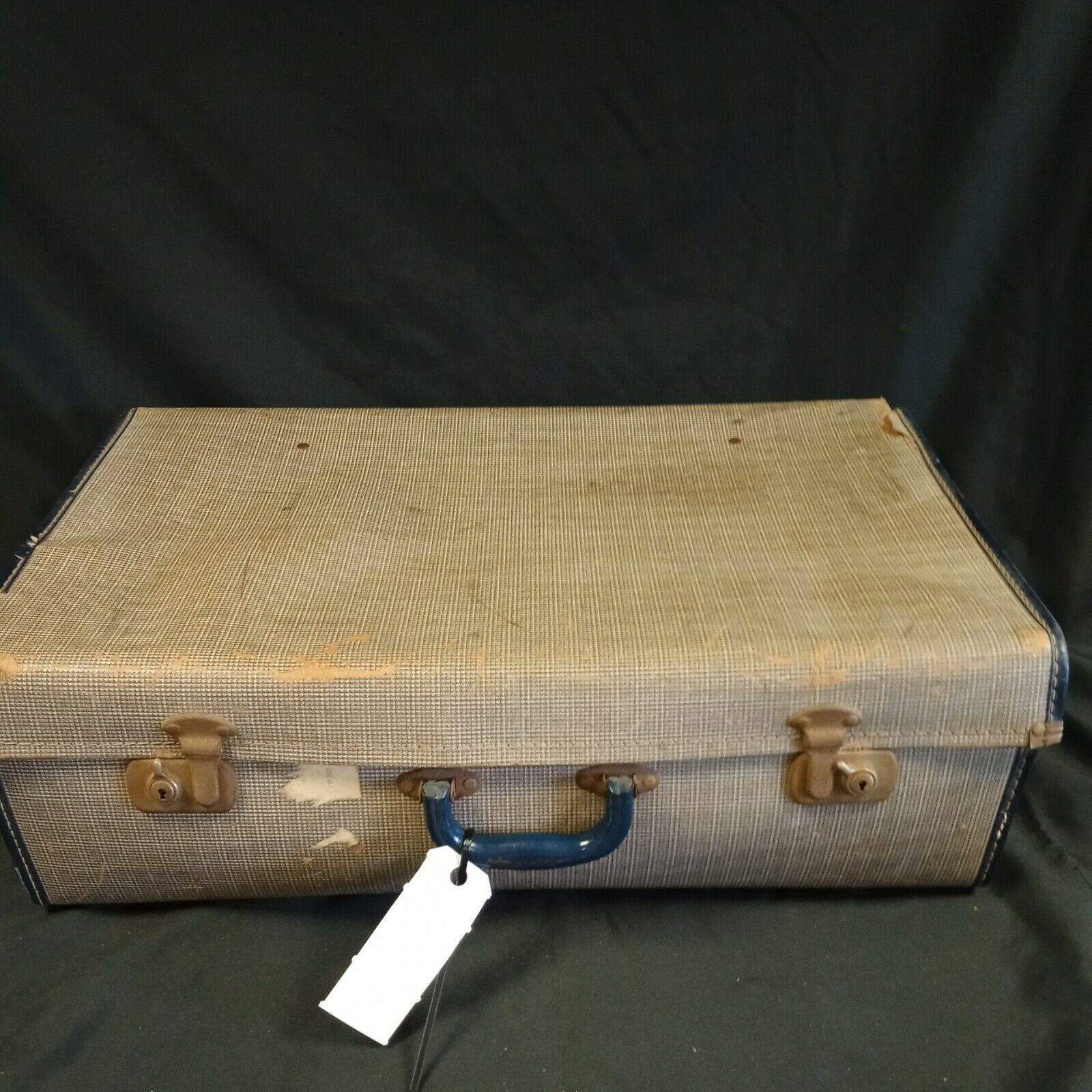 Vintage Suitcase blue check Large great storage or prop - (8091)