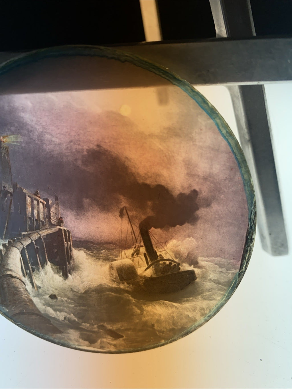 Magic Lantern Victorian Glass Round Handpainted Slide Ship in rough Sea - (1081)