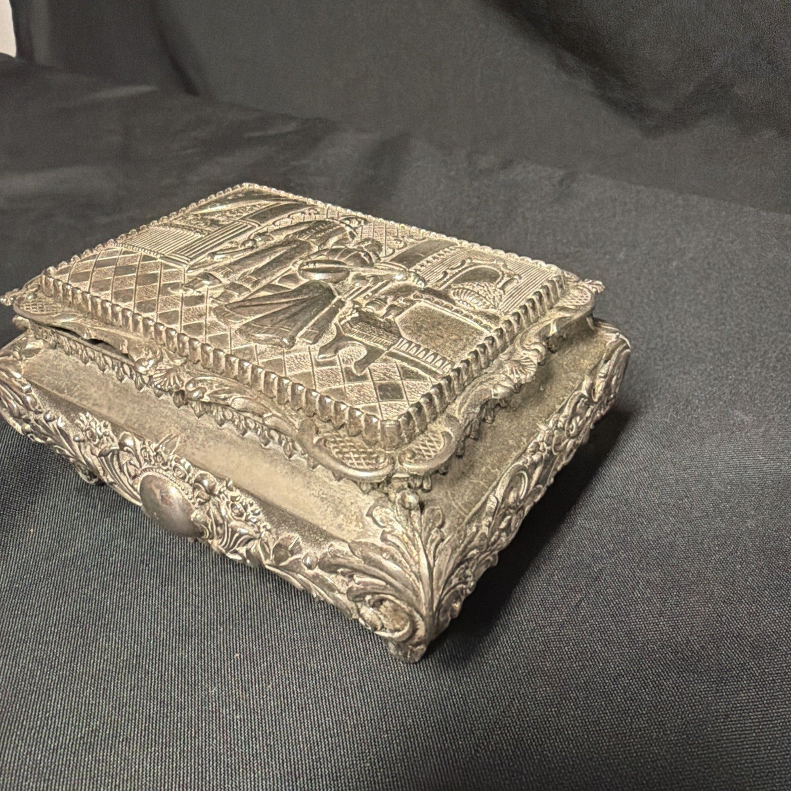 Vintage White Metal Ornate Trinket Box Large made in Japan Medieval scene - (1956)