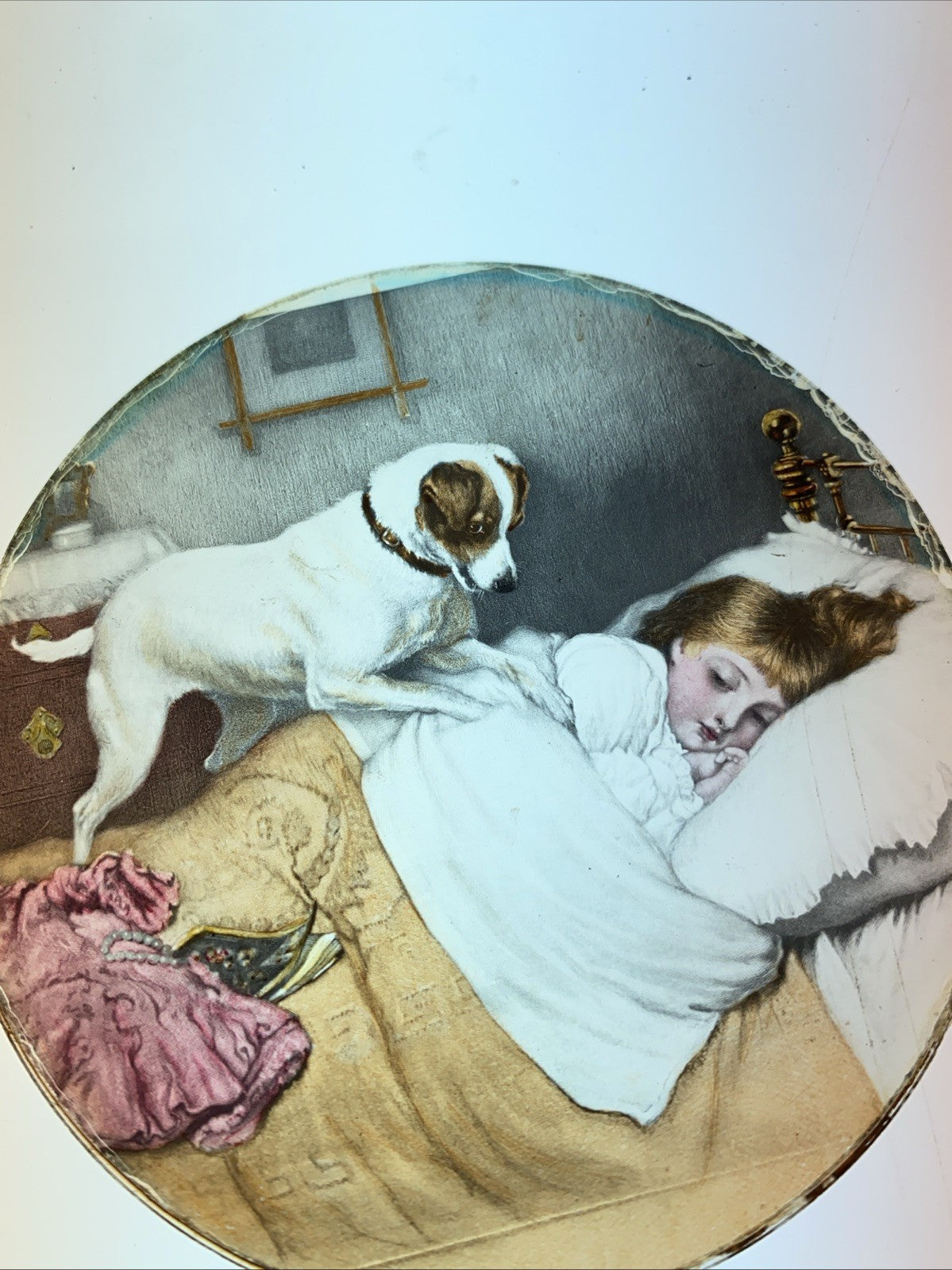 Magic Lantern Victorian Glass Round Handpainted Slide Dog & sleeping child (1132