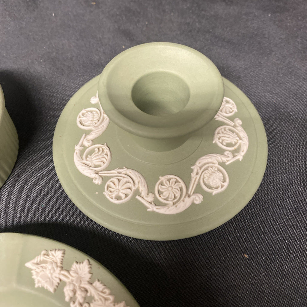 Vintage Wedgwood Jasperware Sage Trio Grecian Box Dish Candle Holder - (1603)