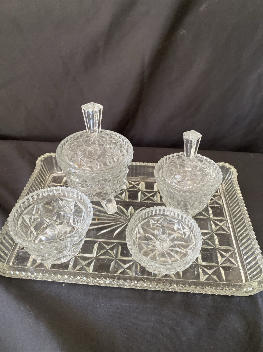 Vintage Pressed Glass Dressing Table Set Clear Tray, Ring Holder, 3 Pots (5457)