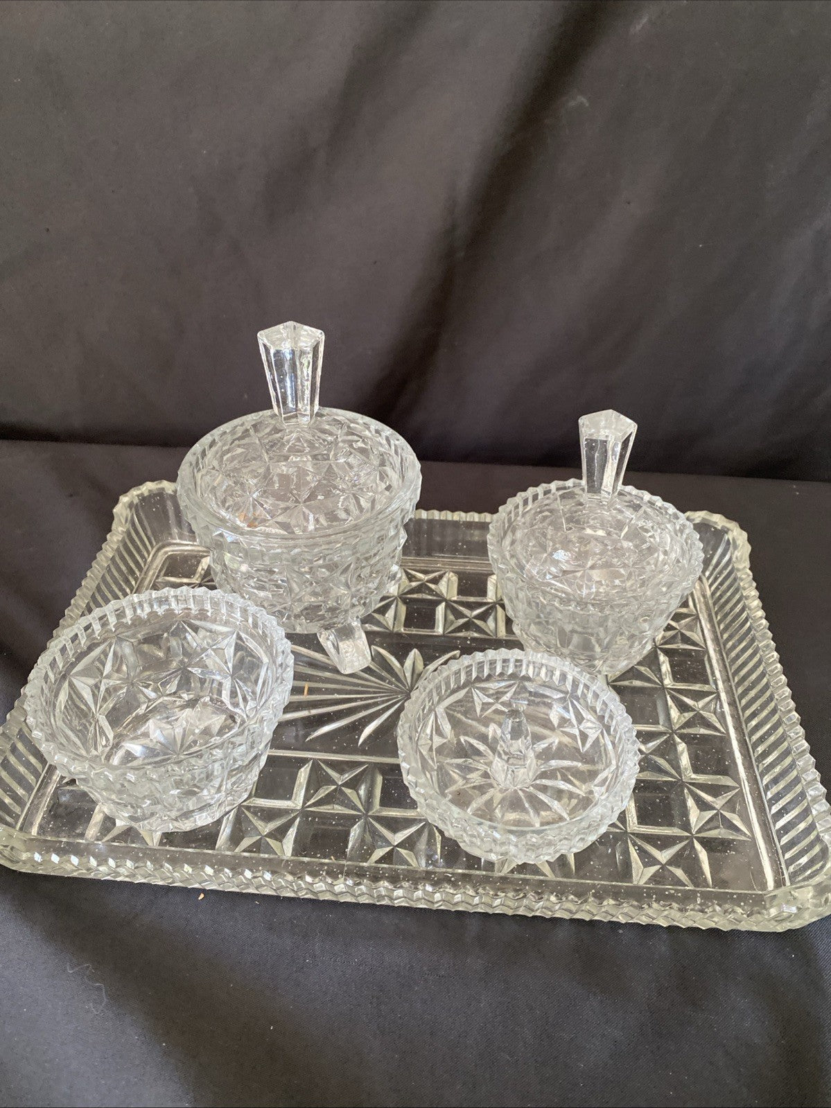 Vintage Pressed Glass Dressing Table Set Clear Tray, Ring Holder, 3 Pots (5457)
