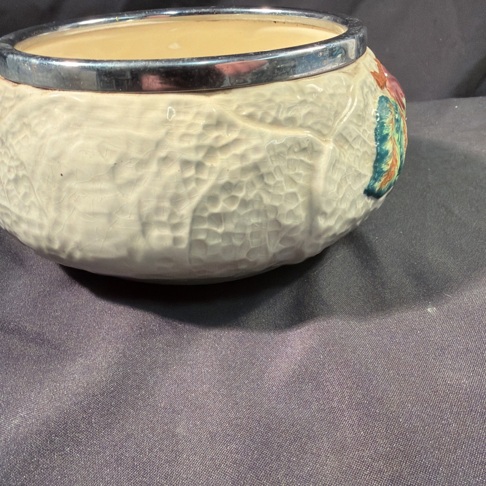 Shorter and Son Ltd Majolica Berries Vintage Bowl with metal rim - (2099)