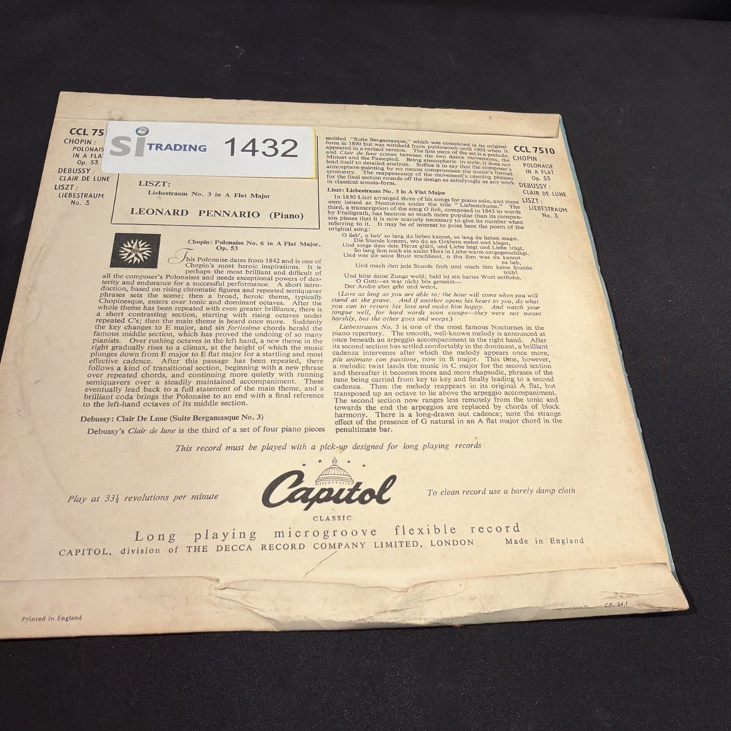 VINYL RECORD - Pennario; Chopin OP53, Debussy Clair De Lune, Liszt Liebestraum